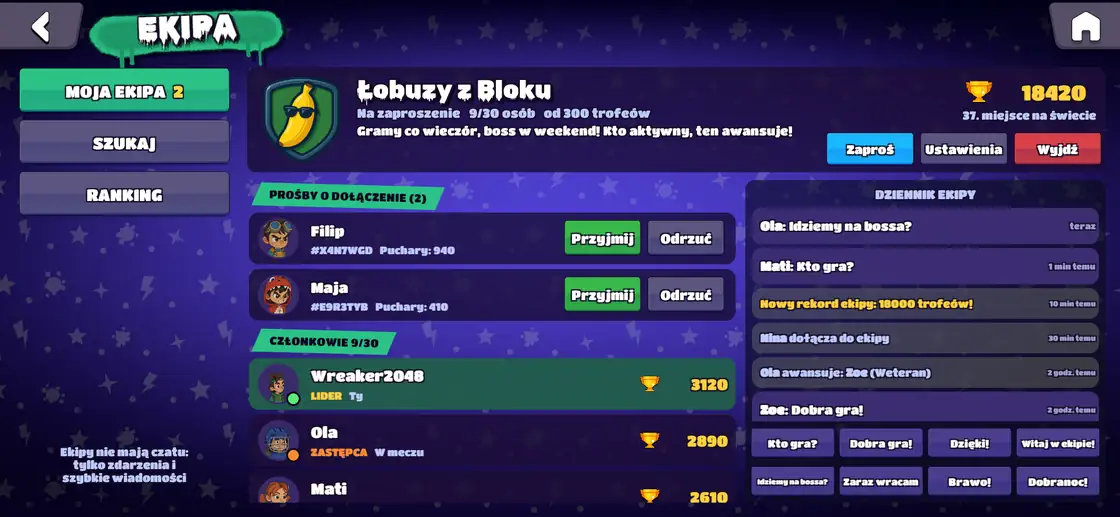 Ekran ekipy w grze: emblemat i nazwa ekipy, prośby o dołączenie, członkowie z rolami i trofeami, a obok dziennik ekipy z szybkimi wiadomościami